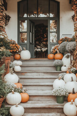 Beautiful fall autumn front door porch with pumpkins and chrysanthemum