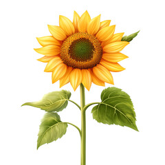Naklejka premium Bright yellow sunflower with green leaves, isolated on transparent background.