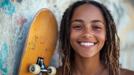 A woman with dreadlocks standing next to her skateboard, ready for action