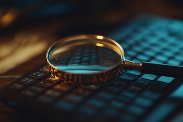 A close-up shot of a magnifying glass perched on a keyboard