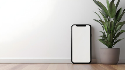 Smartphone with Blank White Screen Mockup and Potted Plant
