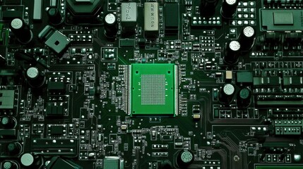 Fototapeta premium 2025 chip glowing in the center of a circuit board, with finely detailed patterns captured under gentle lighting.