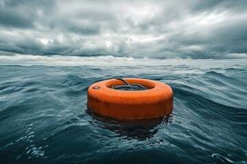 Obraz premium A life preserver floats in the middle of the ocean, perfect for use as a symbol or metaphor in various contexts
