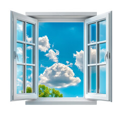 Open window revealing a bright blue sky with white clouds and green trees outside. on transparent background.