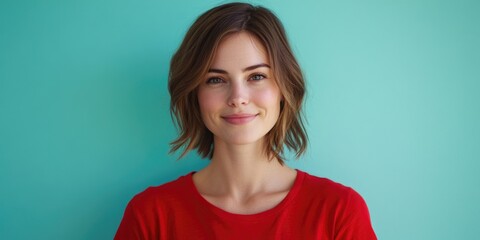 Fototapeta premium A woman poses for a photo wearing a bright red shirt, perfect for editorial or commercial use