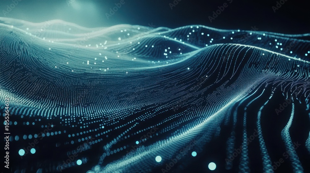 Poster digital wave of glowing dots forming a smooth landscape on a dark background, representing data flow