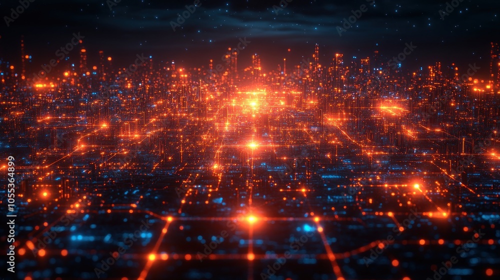 Poster a futuristic cityscape illuminated by a network of glowing lines and points