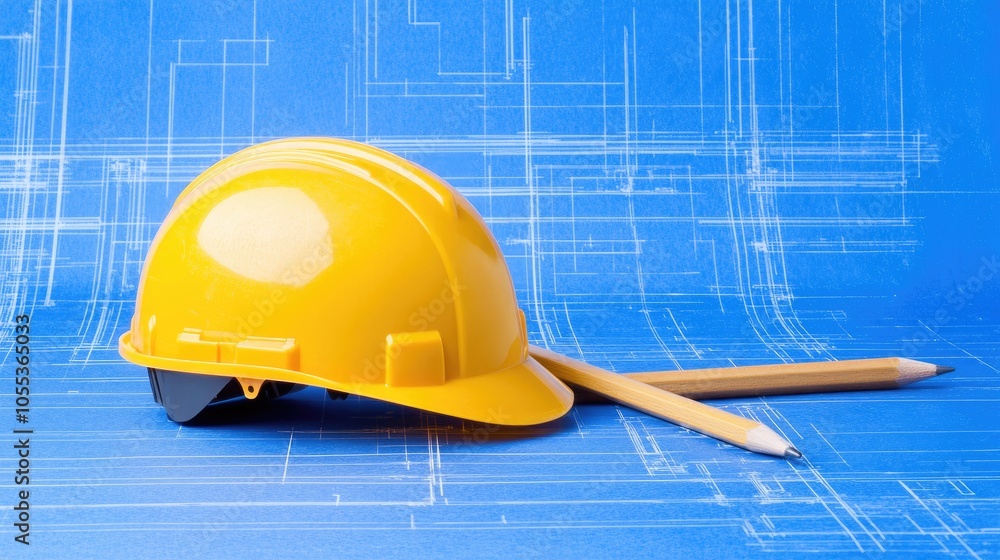 Poster architectural blueprint spread out on table with yellow helmet and pencil, capturing workspace and c