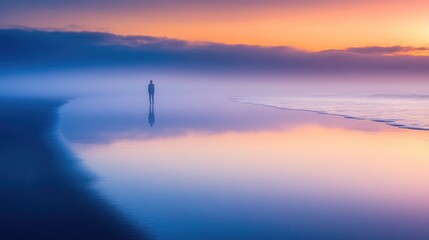 A person strolling along the shoreline as the sun sets, with warm tones and soft light