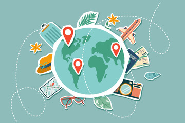 Travel collage. Summer vacation banner. Planet Earth with travel dectinations and travel object around. Travel concept.