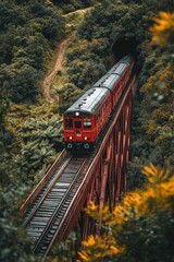 Obraz premium A scenic view of a red train passing through a dense and vibrant green forest