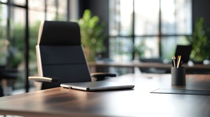 Blurred executive office desk in professional setting ideal virtual background for online meetings, educational sessions, and business video conferences