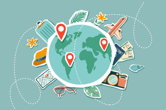 Travel collage. Summer vacation banner. Planet Earth with travel dectinations and travel object around. Travel concept.