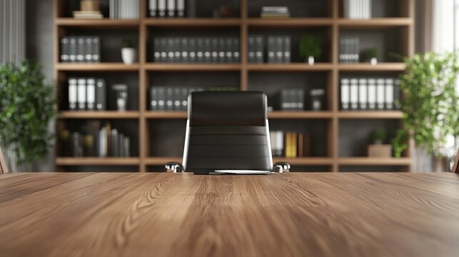 Blurred executive office desk in professional setting ideal virtual background for online meetings, educational sessions, and business video conferences