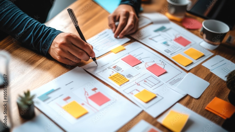 Poster close-up of a person's hand writing on a paper with sticky notes and charts, during a brainstorming 