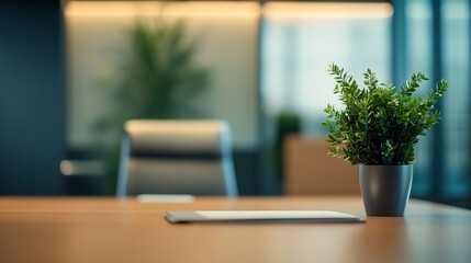 Blurred executive office desk in professional setting ideal virtual background for online meetings, educational sessions, and business video conferences