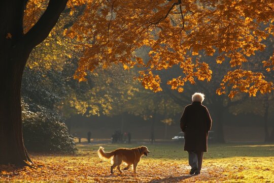 A man and his dog are walking in a park with trees in the background - Powered by Adobe