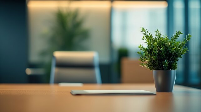 Blurred executive office desk in professional setting ideal virtual background for online meetings, educational sessions, and business video conferences