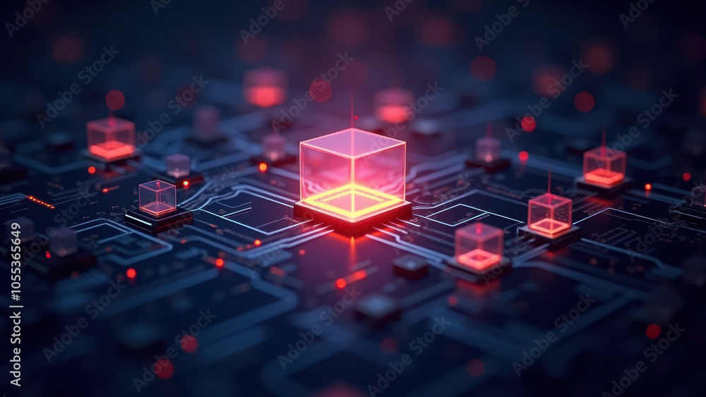 Poster an artistic representation of a computer chip with glowing red and blue lights, symbolizing its inte