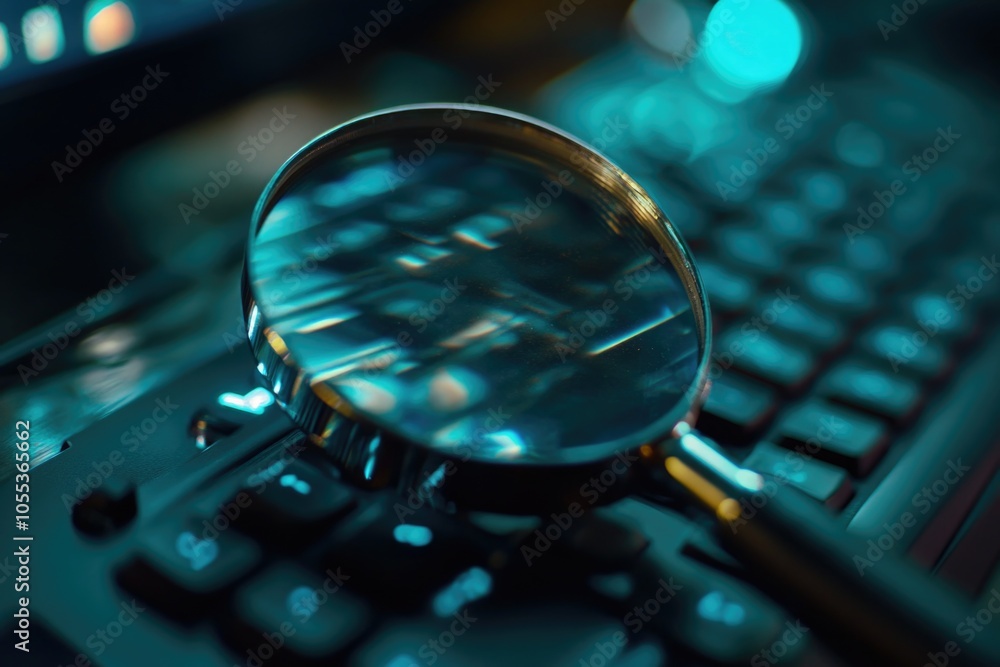 Aufkleber a magnifying glass placed on top of a keyboard, perfect for finding small details or magnifying text