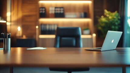 Blurred executive office desk in professional setting ideal virtual background for online meetings, educational sessions, and business video conferences