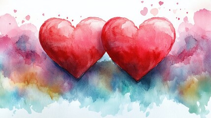 Fototapeta premium Watercolor Painting of Two Intertwined Red Hearts on a Colorful Background