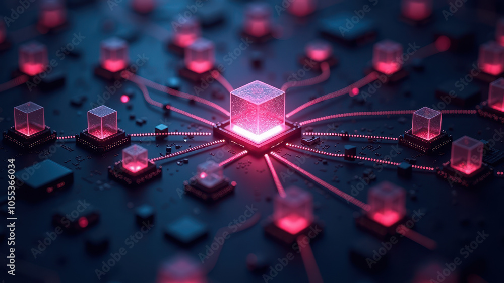Aufkleber abstract digital graphic with illuminated cubes and circuit board.