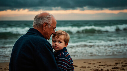 Grandfather with grandson enjoy the sea view on the beach