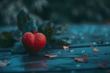 Fototapeta premium A single red apple sits on a wooden table