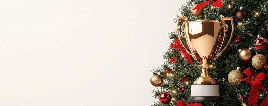Festive Christmas football trophy celebration concept. A festive trophy stands amidst a beautifully adorned Christmas tree symbolizing celebration and achievement during the holiday season