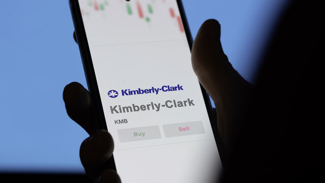 April 09th 2024 , Irving, Texas. Close up on logo of Kimberly-Clark on the screen of an exchange. Kimberly-Clark price stocks, $KMB on a device.