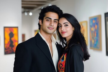 Elegant Couple Posing at Art Gallery with Colorful Paintings in Background