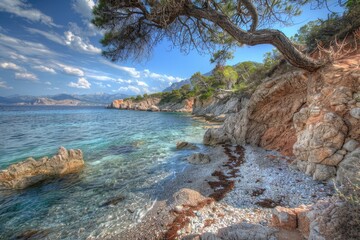 Obraz premium A lone tree stands on a rocky shoreline, surrounded by calm waters