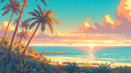 Tropical Sunset by the Beach with Silhouetted Palm Trees and Gentle Waves under a Golden Sun and Soothing Sky in a Vibrant Vintage Style Landscape