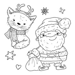 Vector illustration set of Santa Claus and cat for Christmas in doodle hand drawn style.