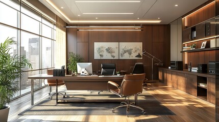 Detailed 3d illustration of a modern office interior featuring open-plan workspace, ergonomic furniture, glass partitions, minimalist decor, indoor greenery, and abundant natural light.