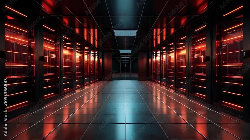 Poster a futuristic data center corridor with rows of servers illuminated by red lights and sleek black til