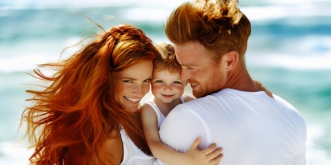 Fototapeta premium A red-haired parents with little son having fun at the beach.