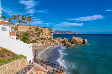 Nerja beach and Balcon de Europa Costa del Sol Andalusia Spain and blue sky with sea 