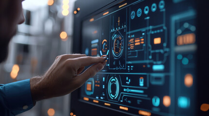 A person uses a futuristic digital interface in a modern workspace at night