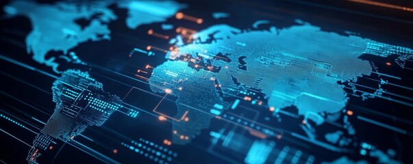 Global security surveillance network with digital overlays on a world map, representing military defense and monitoring systems