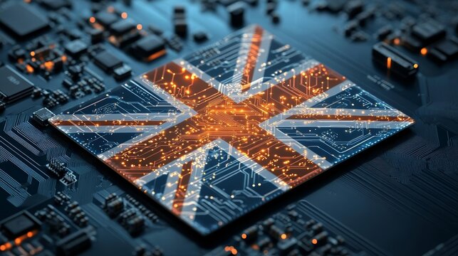 Futuristic UK flag interwoven with glowing motherboard circuits, showcasing cybersecurity advancements and tech innovation