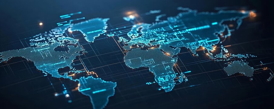 Fototapeta Global security surveillance network with digital overlays on a world map, representing military defense and monitoring systems