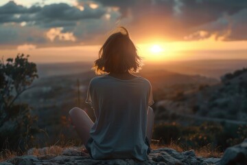Fototapeta premium A person sitting on a rock enjoying the beautiful sunset