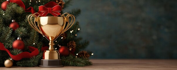 Festive Christmas football trophy celebration concept. A golden trophy sits next to a decorated Christmas tree combining festive cheer with a sense of achievement and celebration
