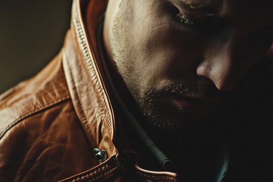 A close-up of a man's face wearing a leather jacket, with a serious expression