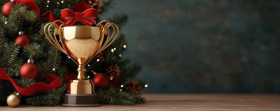 Festive Christmas football trophy celebration concept. A golden trophy sits next to a decorated Christmas tree combining festive cheer with a sense of achievement and celebration