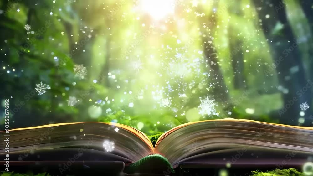 Poster an open book surrounded by lush greenery, illuminated by light, creating a mystical and enchanting a