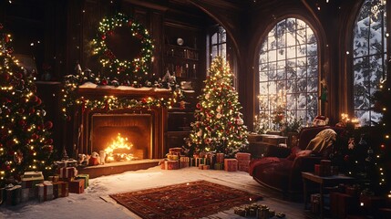 Obraz premium Christmas trees illuminating cozy living room with fireplace and snowy scene outside window