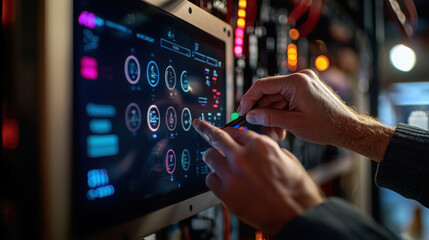 Technician interacting with a touchscreen control panel in a data center at night